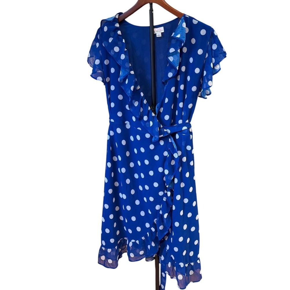 NWT Sweet Pea New York Co Blue Polka Dot Ruffle Wrap Dress XL Flutter Sleeve